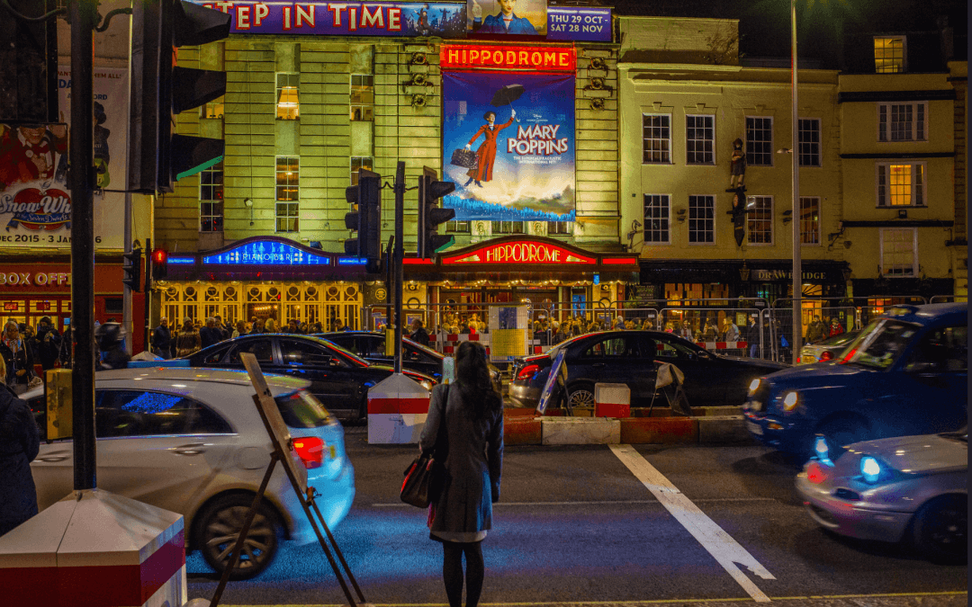 Bristol hippodrome theatre with Mary Popins signage outside
